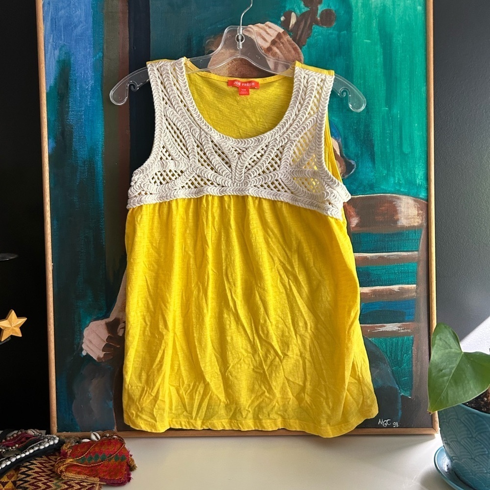 Joe Fresh Yellow Crochet Tank Top Women’s M Boho Sleeveless Summer Blouse - Picture 2 of 16